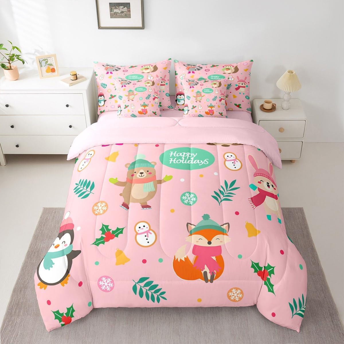 Pink Christmas 7 Piece Bedding Set Full Size Merry Christmas Snowman Bed in a Bag for Boys Girls Bedroom Decor Santa Claus Comforter Set with Sheets,Pillowcases & Cushion Cover Soft Xmas Tree Deer - Image 35