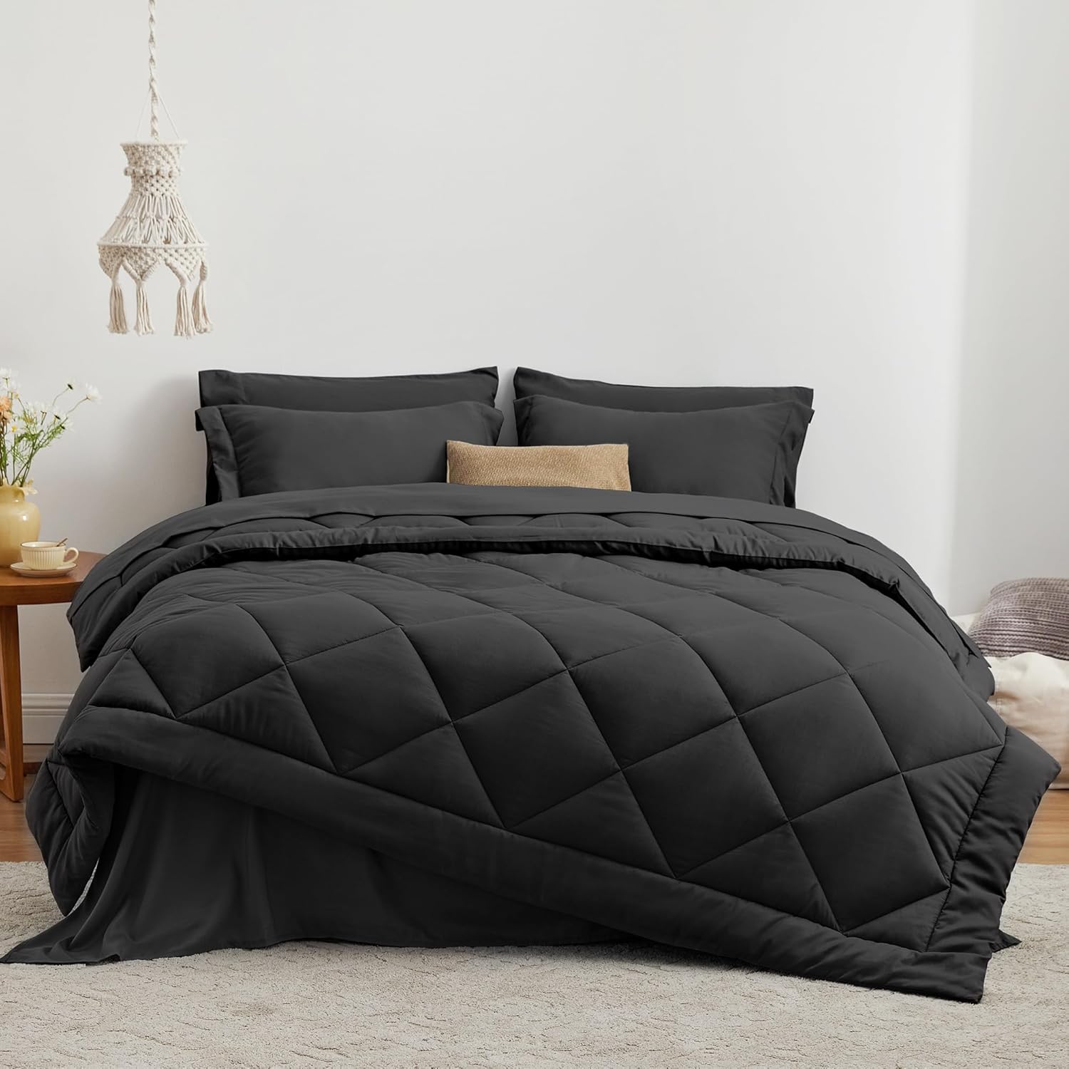 Love's cabin Queen Comforter Set Black, 7 Pieces Queen Bed in a Bag, All Season Bedding Sets with 1 Comforter, 1 Flat Sheet, 1 Fitted Sheet, 2 Pillowcase and 2 Pillow Sham - Image 2