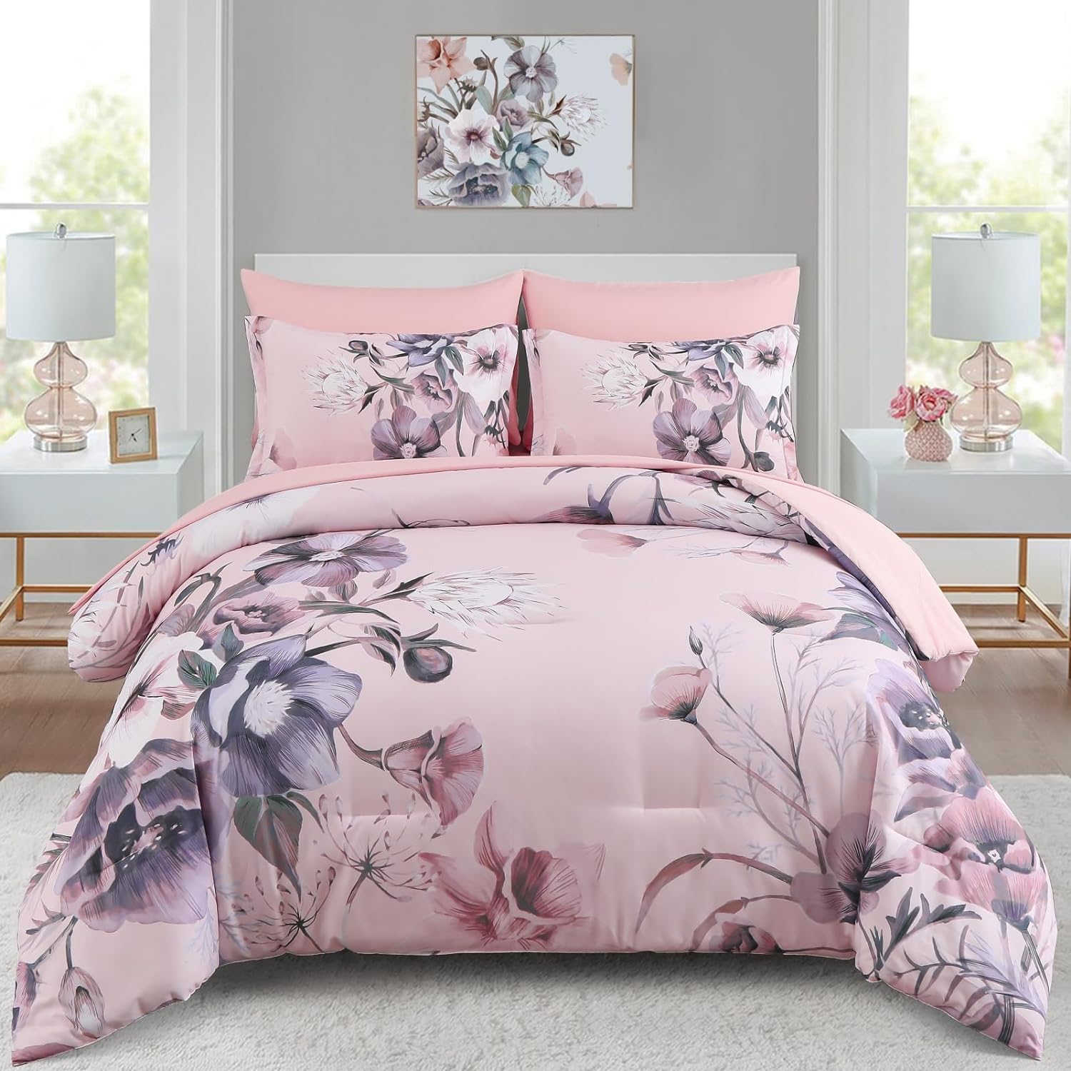 Luxudecor Floral Comforter Set Queen Size 7 Piece, Purple Flower Bed in a Bag, Elegant Floral Comforter with Sheet Set, Soft Microfiber Bedding Set for All Season (Purple, 90"x90") - Image 15