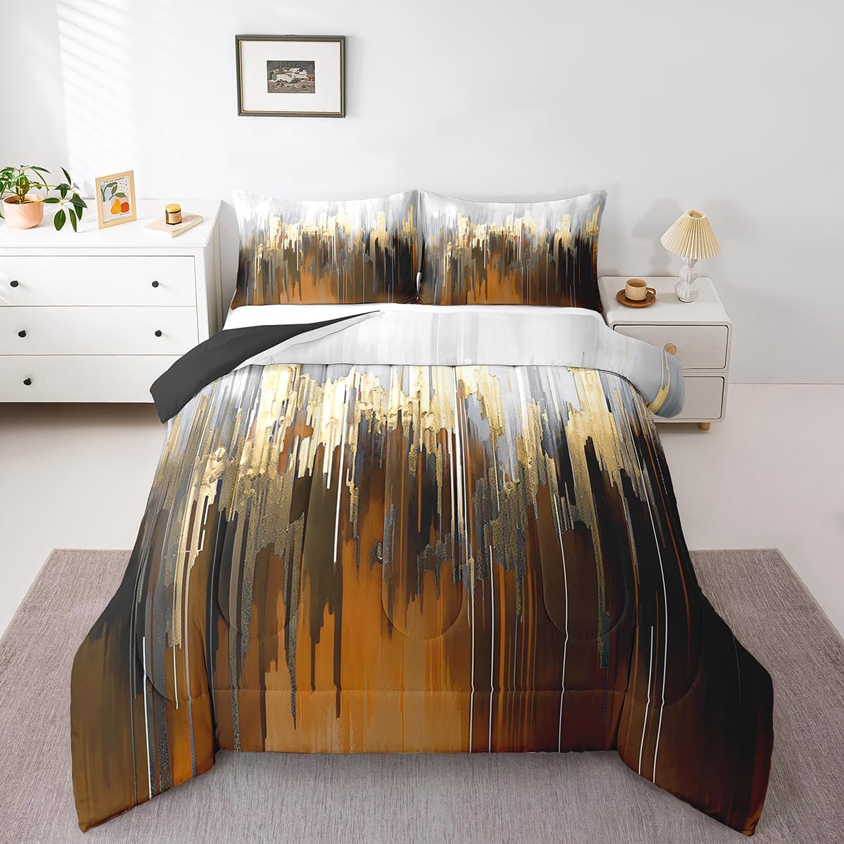 Erosebridal Black Grey Gold Comforter Set Queen Brush Strokes Oil Painting Bedding Set, Gradient Abstract Vintage Bedding Comforter Sets Ombre Graffiti Duvet Set, Contemporary Modern Quilted Comforter - Image 18