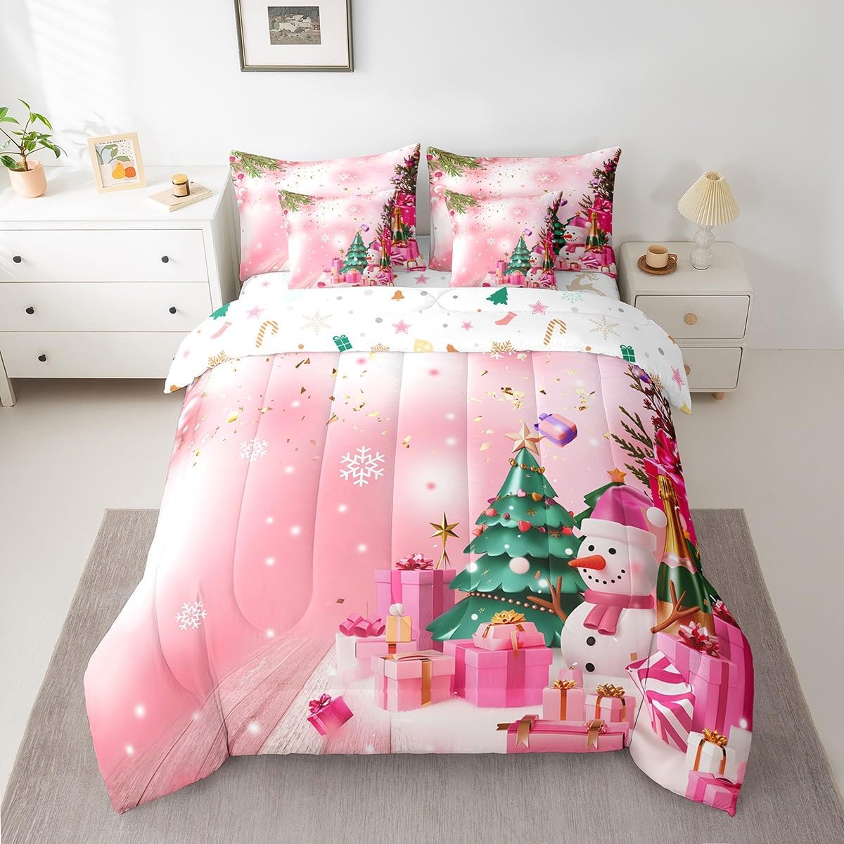 Pink Christmas 7 Piece Bedding Set Full Size Merry Christmas Snowman Bed in a Bag for Boys Girls Bedroom Decor Santa Claus Comforter Set with Sheets,Pillowcases & Cushion Cover Soft Xmas Tree Deer - Image 49