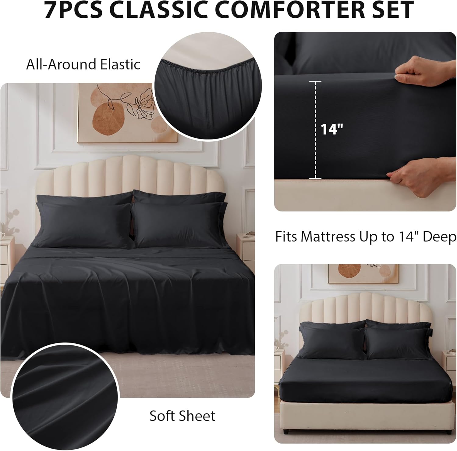 Queen Comforter Set Black - Bed in a Bag Queen Size 7 Pieces, Soft Bedding Set for All Seasons, Premium Queen Comforter Set with Comforter, Sheets, Pillowcases & Shams - Image 2