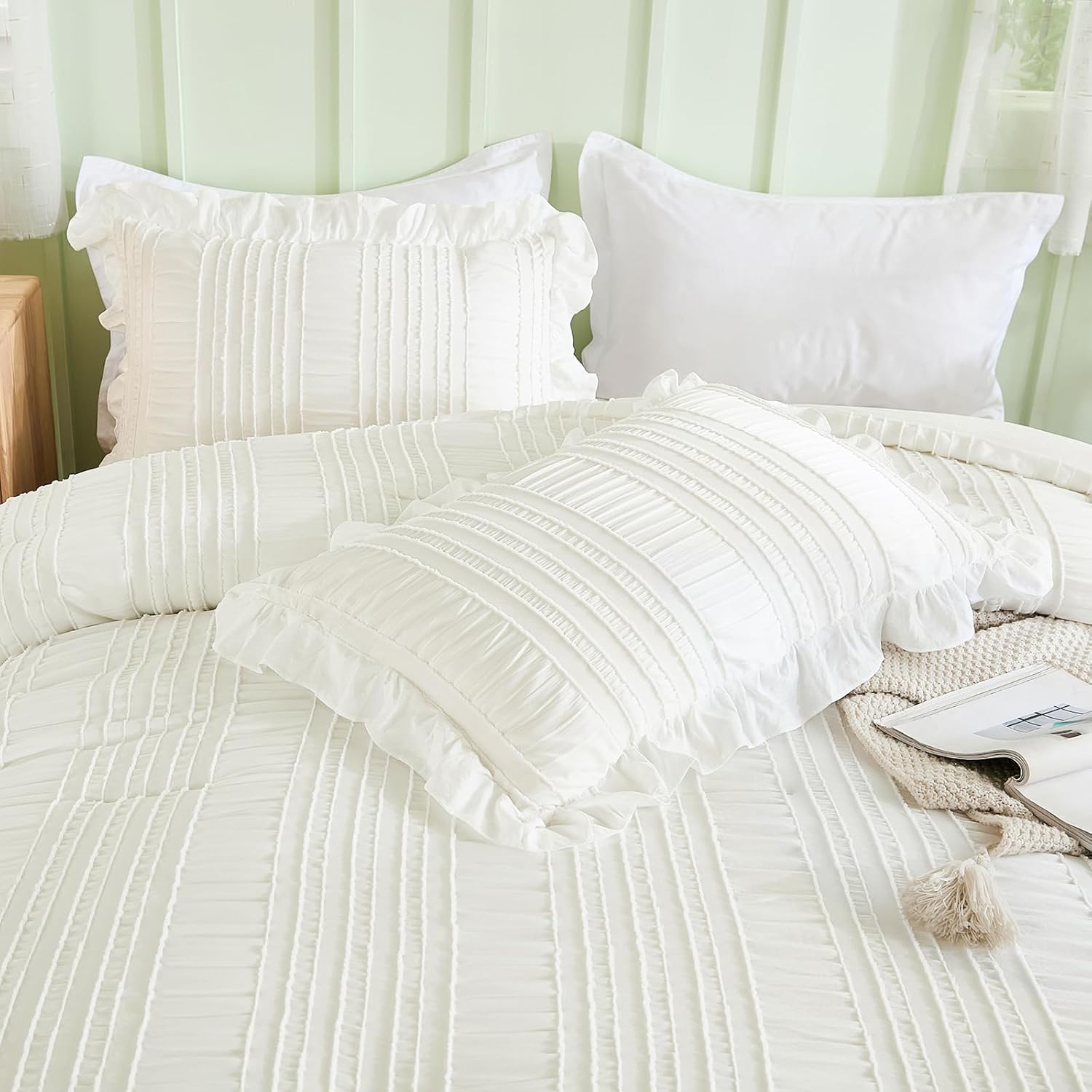 WONGS BEDDING White Queen Comforter Set,Boho Ruffle Comforter for Queen Bed,Soft Seersucker Shabby Chic Bedding Set with 1 Comforter,2 Tufted Pillowcases 90"×90" - Image 6