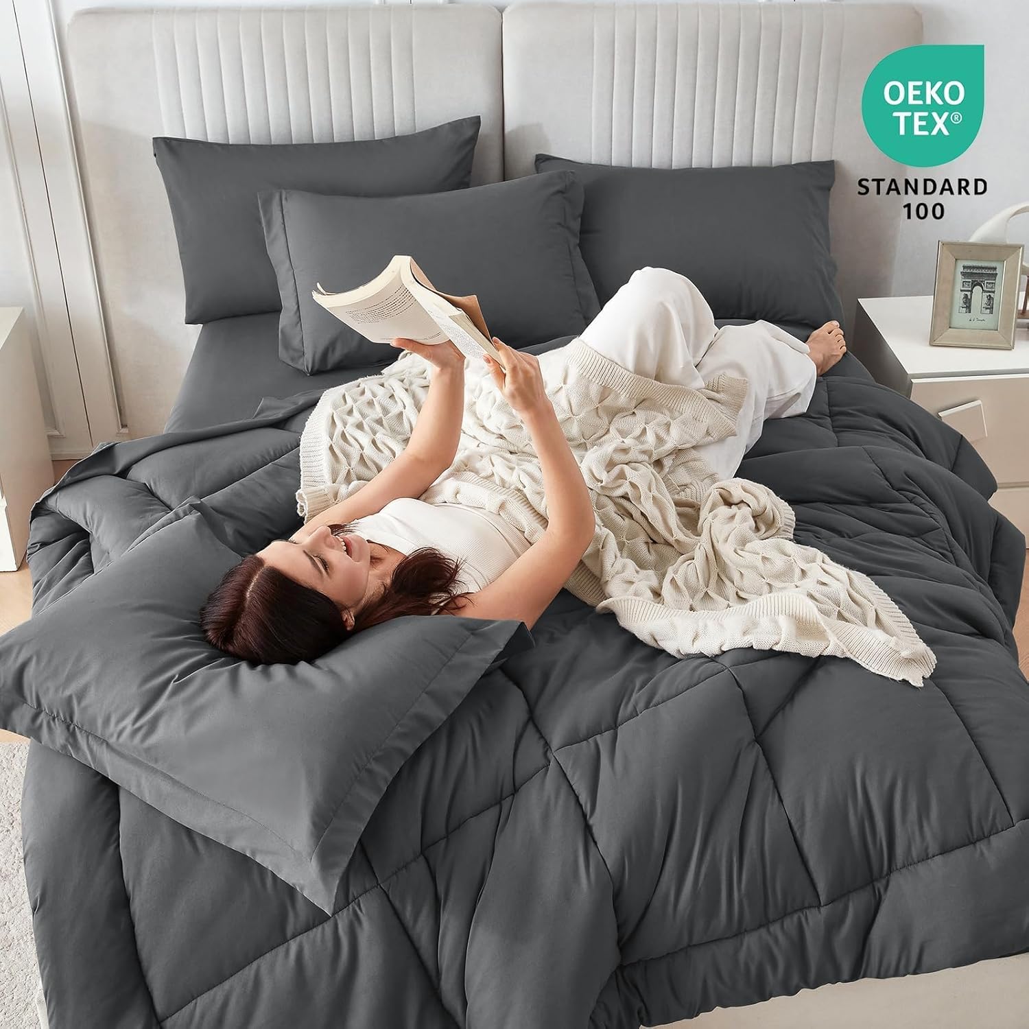 Sasttie Queen Comforter Set, 7 Pieces Bed in a Bag Queen, Complete Bedding Set Includes Grey Comforter, Flat Sheet, Fitted Sheet, Pillowcases and Pillow Shams, Dark Grey - Image 5