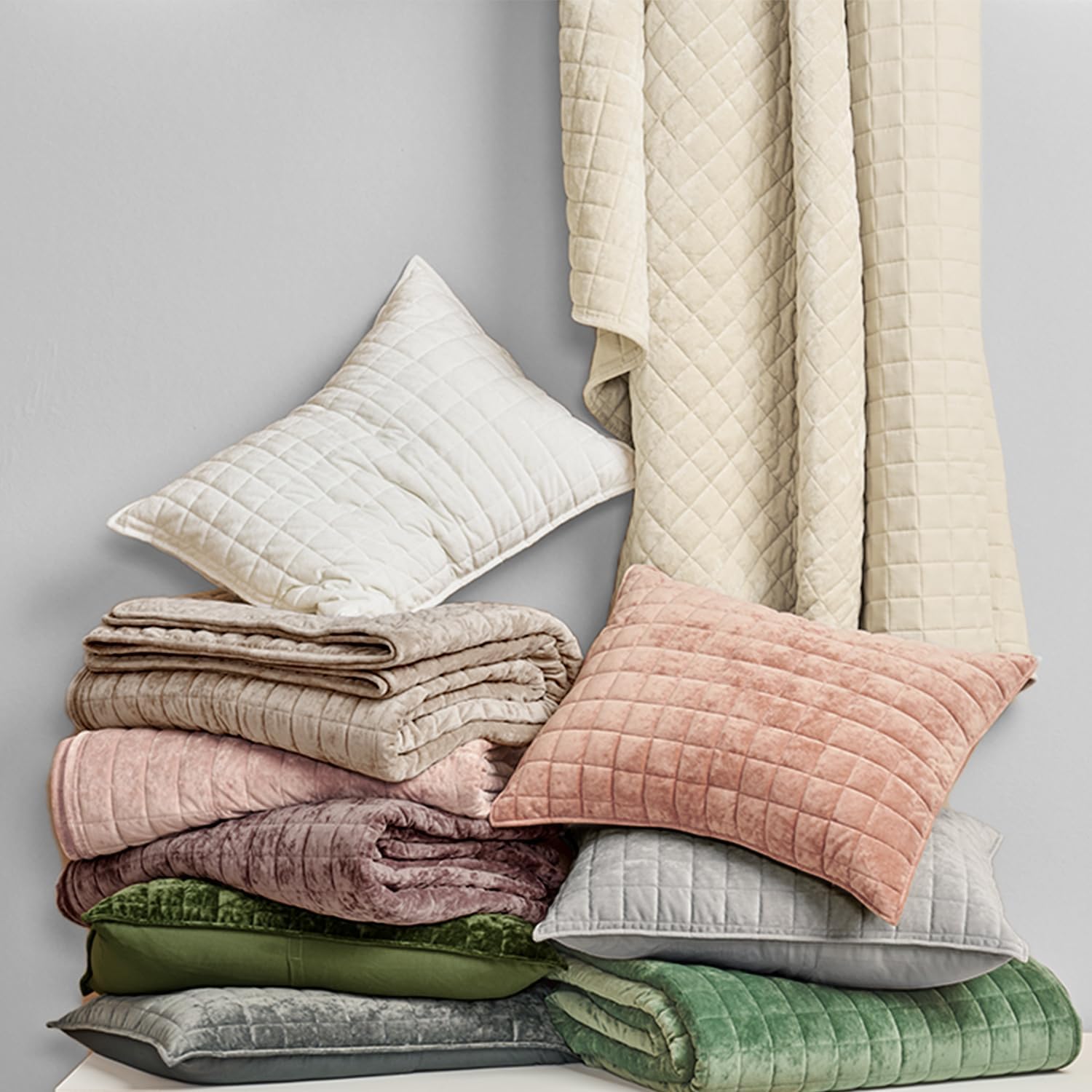 RECYCO Luxury Velvet Quilt Set King Size Bedding Sets, Ultra Soft Velvet Comforter Set, Lightweight Channel Box Stitch Oversized Bedspread Coverlet for All Season, with 2 Shams, Beige - Image 6