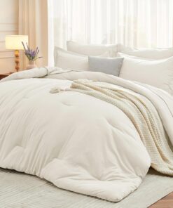 MUXHOMO 7 Pieces Queen Comforter Set, Soft Bed in a Bag Queen Size, All Season Bedding Set with Comforter, Flat Sheet, Fitted Sheet, Pillowcases & Shams, Ivory