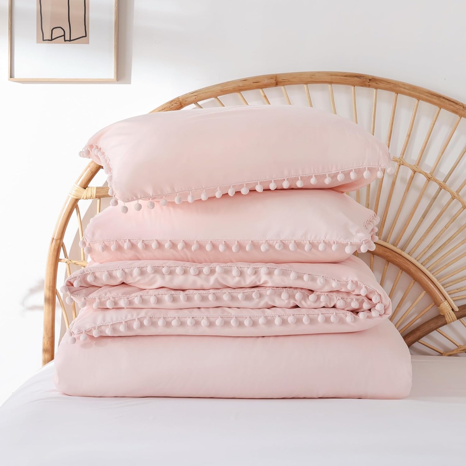 YIRDDEO Queen Comforter Set - Comforter Queen Size Sets with Ball Pom Fringe, Soft Bedding Set for All Seasons - 3 Pieces, 1 Comforter (90"x90") & 2 Pillow Shams (20"x26"), Blush - Image 6