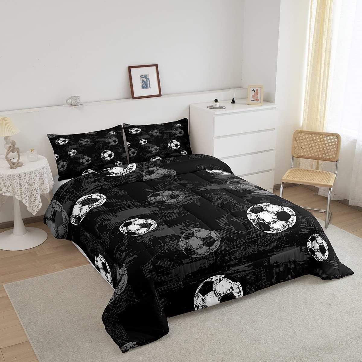 Erosebridal Soccer Comforter Twin Football Bedding Sets for Boys Teens Sport Themed Bedding Ball Gaming Duvet Insert Black Gray Grunge Room Decor 2pcs with 1 Pillow Case Lightweight Soft Bed Set - Image 4