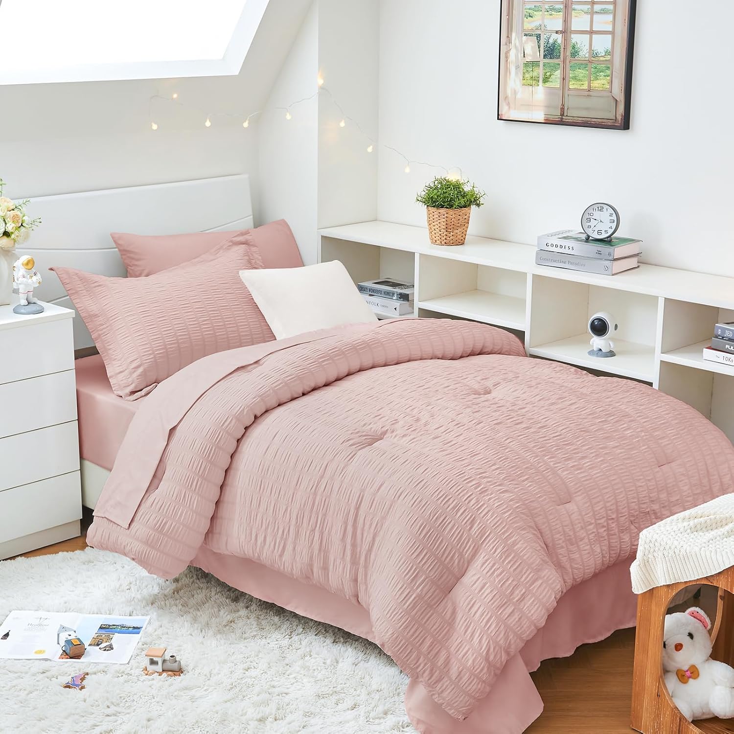 HYMOKEGE Queen Comforter Set Seersucker 7 Pieces, All Season Luxury Bed in a Bag for Bedroom, Bedding Set with Comforters, Sheets, Pillowcases & Shams, Dark Grey - Image 20