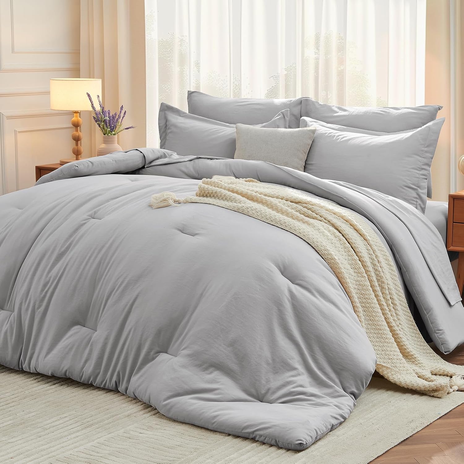 MUXHOMO 7 Pieces Queen Comforter Set, Soft Bed in a Bag Queen Size, All Season Bedding Set with Comforter, Flat Sheet, Fitted Sheet, Pillowcases & Shams, Beige - Image 21