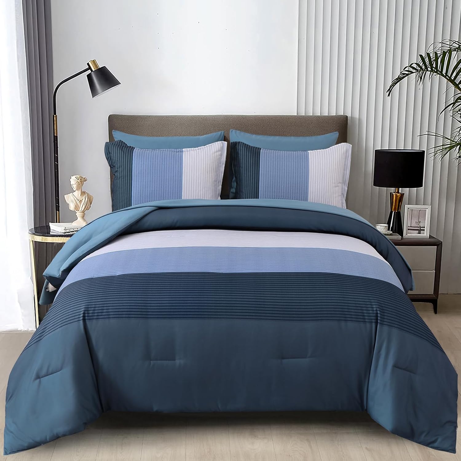 WONGS BEDDING Black Comforter Set Queen, Reversible Black Grey Stripe Down Alternative Comforter for All Season,3 Pieces(1 Patchwork Comforter+2 Pillowcases), Soft Microfiber Bedding Set 90"×90" - Image 16