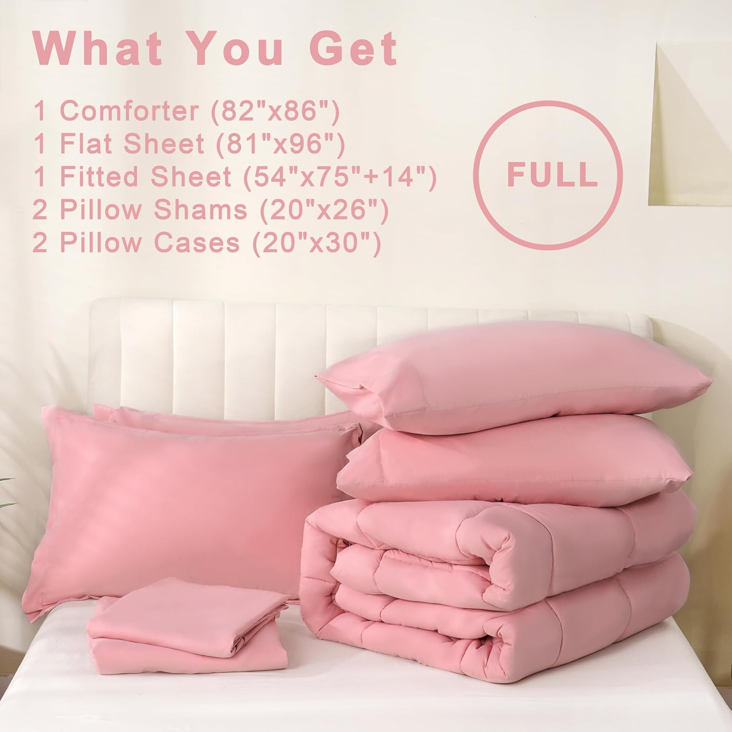 DOWNCOOL Full Size Comforter Sets, 7Pcs Full Size Bedding Sets Pink, All Season Down Alternative Bedding Comforter Sets with Comforter, Flat Sheet, Fitted Sheet, 2 Pillow Shams & 2 Pillowcases - Image 6