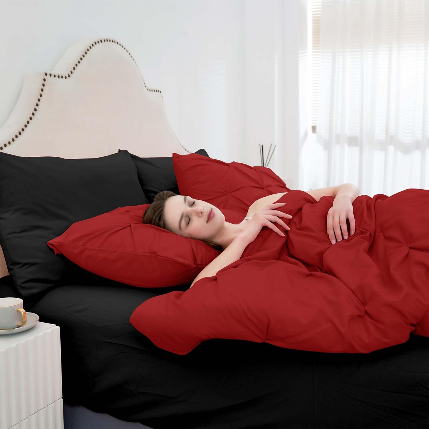 Ubauba 7pc Queen Size Comforter Set with Sheets, Pintuck 7 Piece Bedding Comforters Bed in a Bag for All Season, Pinched Pleat Bed Set with Comforter (Red and Black,Queen) - Image 3