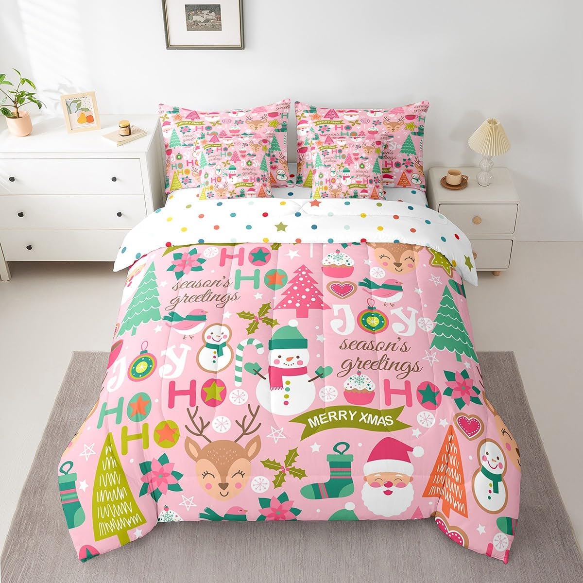 Pink Christmas 7 Piece Bedding Set Full Size Merry Christmas Snowman Bed in a Bag for Boys Girls Bedroom Decor Santa Claus Comforter Set with Sheets,Pillowcases & Cushion Cover Soft Xmas Tree Deer - Image 43