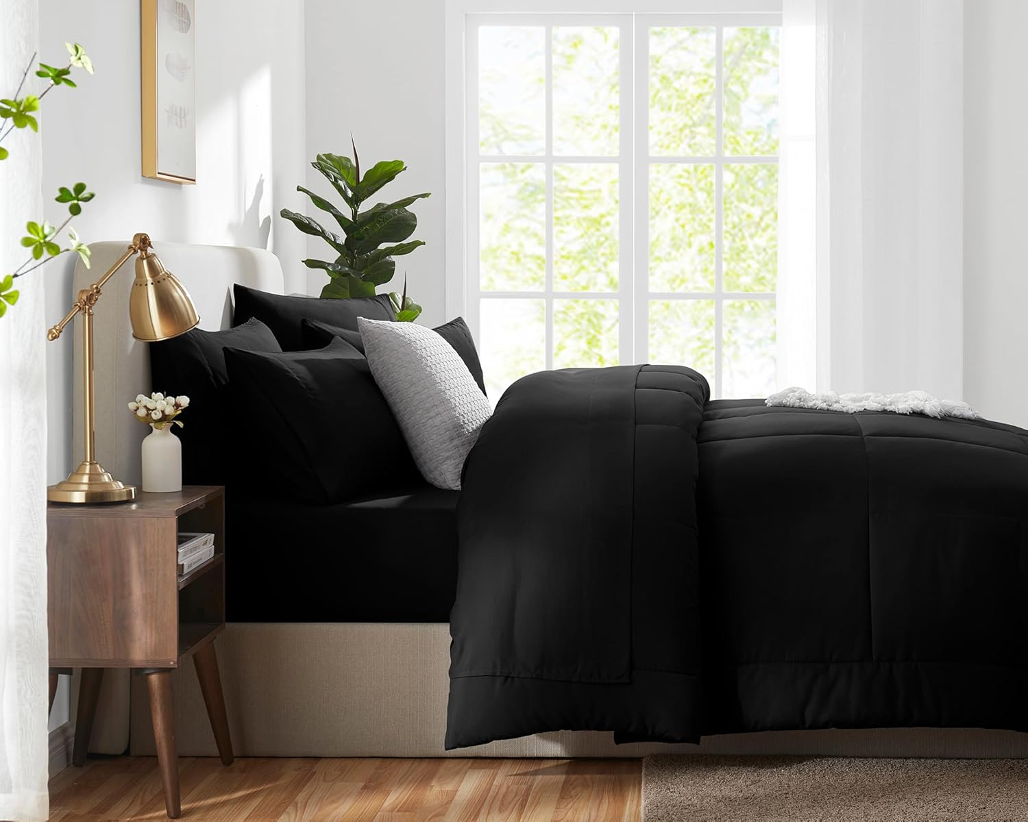 CozyLux King Size Comforter Set Black, 7 Pieces Bed in a Bag, Black Comforter King Size, All Season Bedding Sets with Stitch Quilted Comforter, Flat Sheet, Fitted Sheet, Pillowcases - Image 4