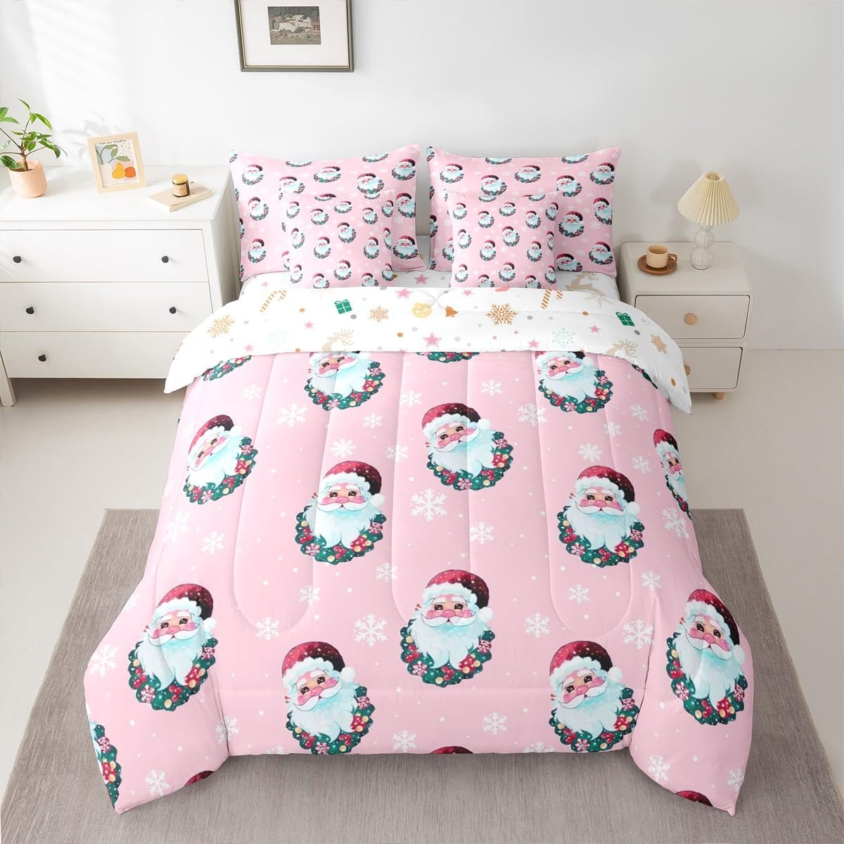 Pink Christmas 7 Piece Bedding Set Full Size Merry Christmas Snowman Bed in a Bag for Boys Girls Bedroom Decor Santa Claus Comforter Set with Sheets,Pillowcases & Cushion Cover Soft Xmas Tree Deer - Image 36