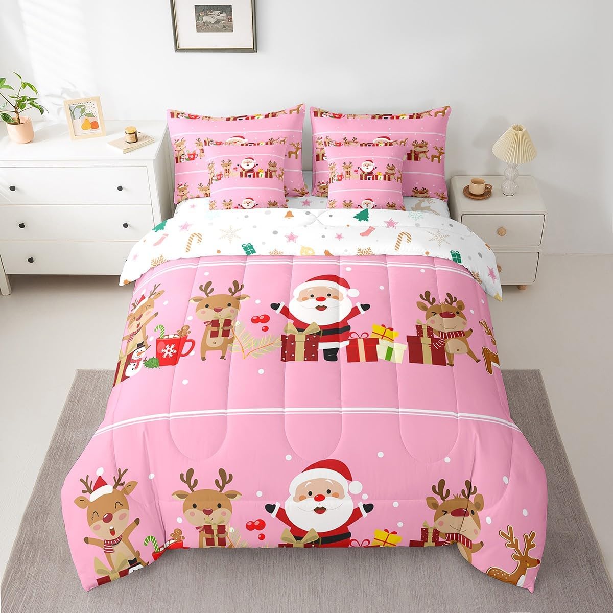 Pink Christmas 7 Piece Bedding Set Full Size Merry Christmas Snowman Bed in a Bag for Boys Girls Bedroom Decor Santa Claus Comforter Set with Sheets,Pillowcases & Cushion Cover Soft Xmas Tree Deer - Image 16