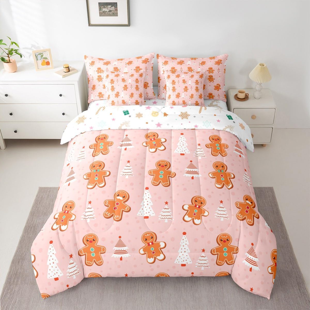 Pink Christmas 7 Piece Bedding Set Full Size Merry Christmas Snowman Bed in a Bag for Boys Girls Bedroom Decor Santa Claus Comforter Set with Sheets,Pillowcases & Cushion Cover Soft Xmas Tree Deer - Image 32