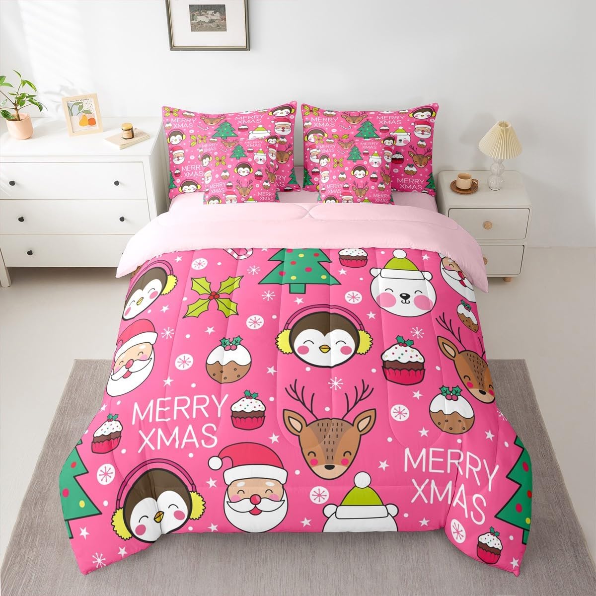 Pink Christmas 7 Piece Bedding Set Full Size Merry Christmas Snowman Bed in a Bag for Boys Girls Bedroom Decor Santa Claus Comforter Set with Sheets,Pillowcases & Cushion Cover Soft Xmas Tree Deer - Image 24