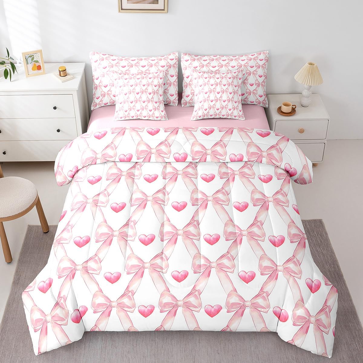 Erosebridal Kawaii Bowknot Girls Bed in A Bag with Sheets Dreamy Princess Style Twin Comforter Set 7 Piece for Kids Teen Women,Girly Cute Bow Bedding Set Pink Bow Tie Bed Set Bedroom Decor - Image 29