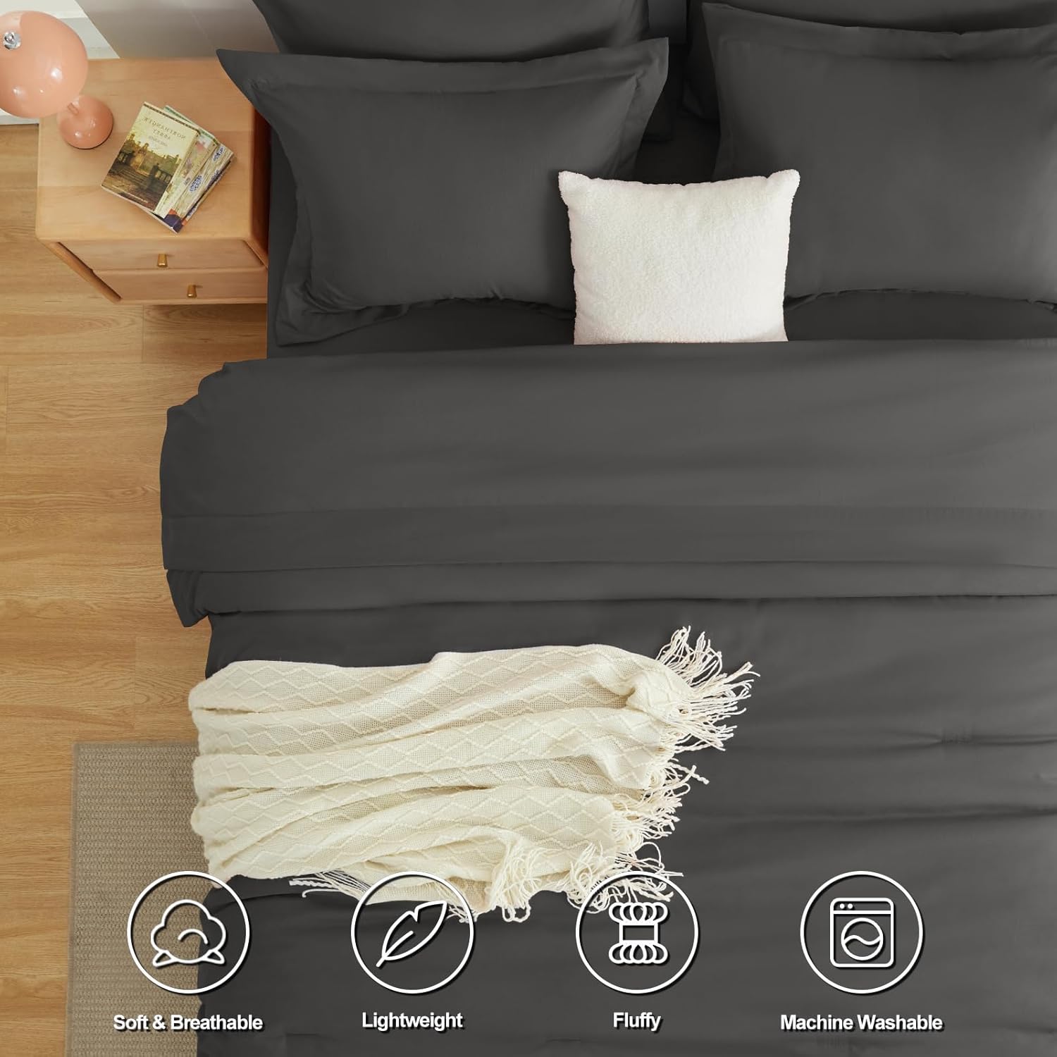 Dark Grey Queen Comforter Set, 7 Pieces Bed in a Bag Queen Lightweight Bedding Set, All Season Soft 7PC Bed Set with Comforter, Flat Sheet, Fitted Sheet, Pillowcases & Pillow Shams - Image 2