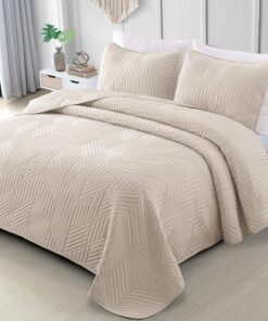 Exclusivo Mezcla Ultrasonic King Quilt Bedding Set, Lightweight Brich Beige Bedspreads Soft Modern Geometric Coverlet Set for All Seasons (1 Quilt and 2 Pillow Shams)