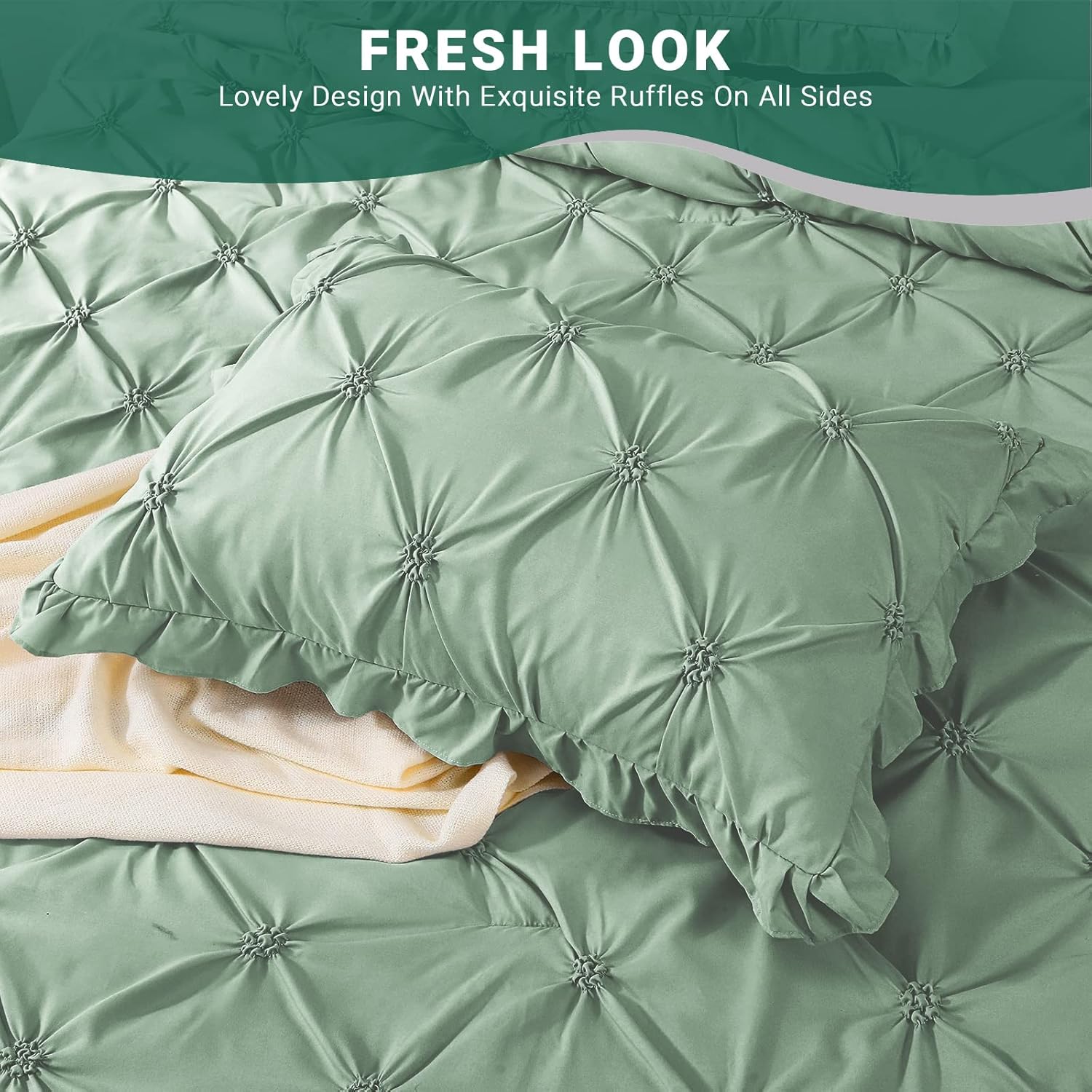 JOLLYVOGUE Queen Comforter Set 7 Pieces, Green Bed in a Bag Comforter Set for Bedroom, Bedding Comforter Sets with Comforter, Sheets,Ruffled Shams & Pillowcases - Image 5