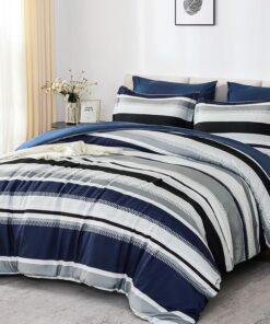 WONGS BEDDING Queen Comforter Set, 7 Pieces Blue Comforter Set Queen, Soft Striped Bed in a Bag Bedding Set with Comforter, Flat Sheet, Fitted Sheet, Pillow Shams, Pillowcase