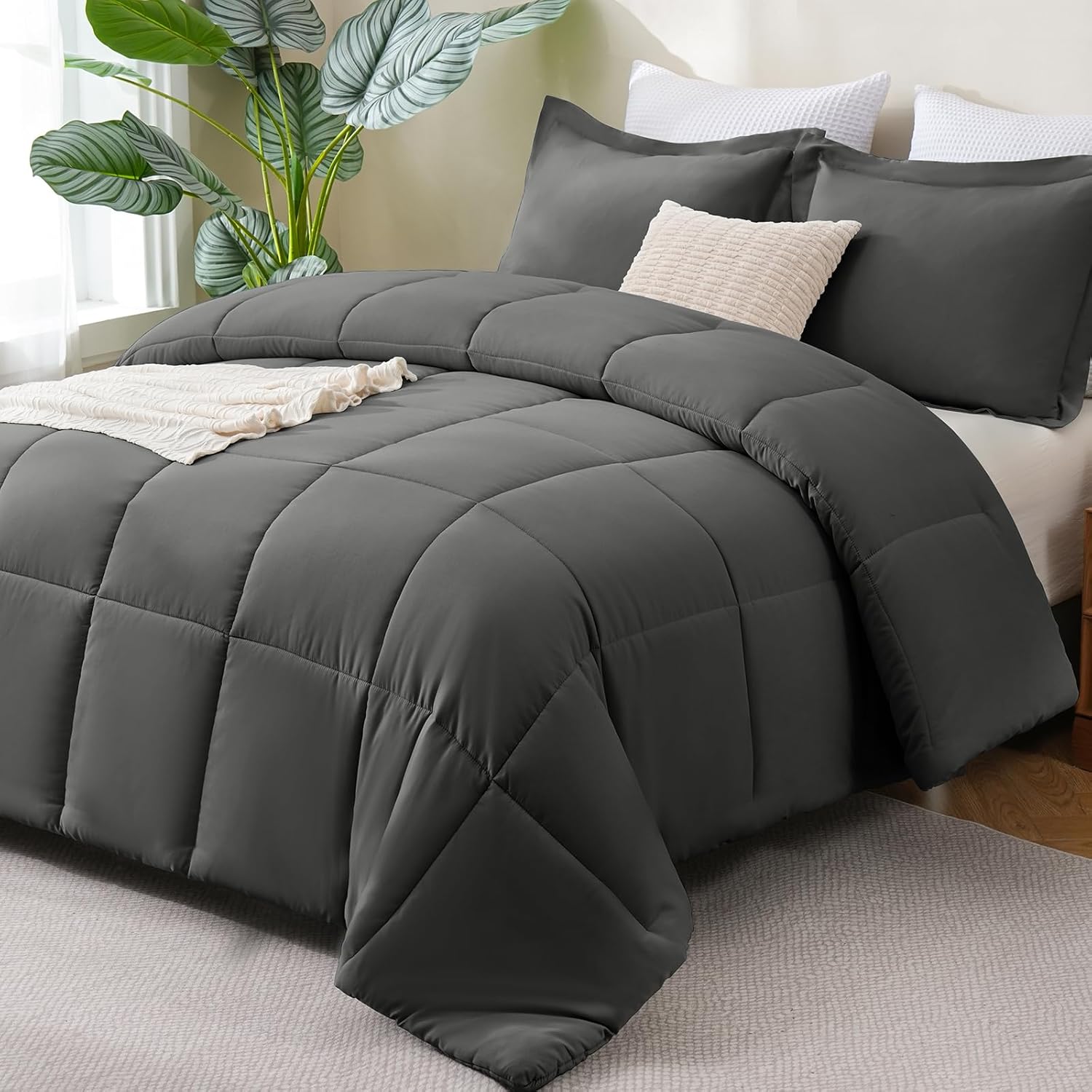 CozyLux King Size Comforter Set - Black Comforter King, 3 Pieces Box Stitched Bed Set for All Seasons, Soft Lightweight Bedding Sets with 1 Down Alternative Comforter and 2 Pillow Shams - Image 9