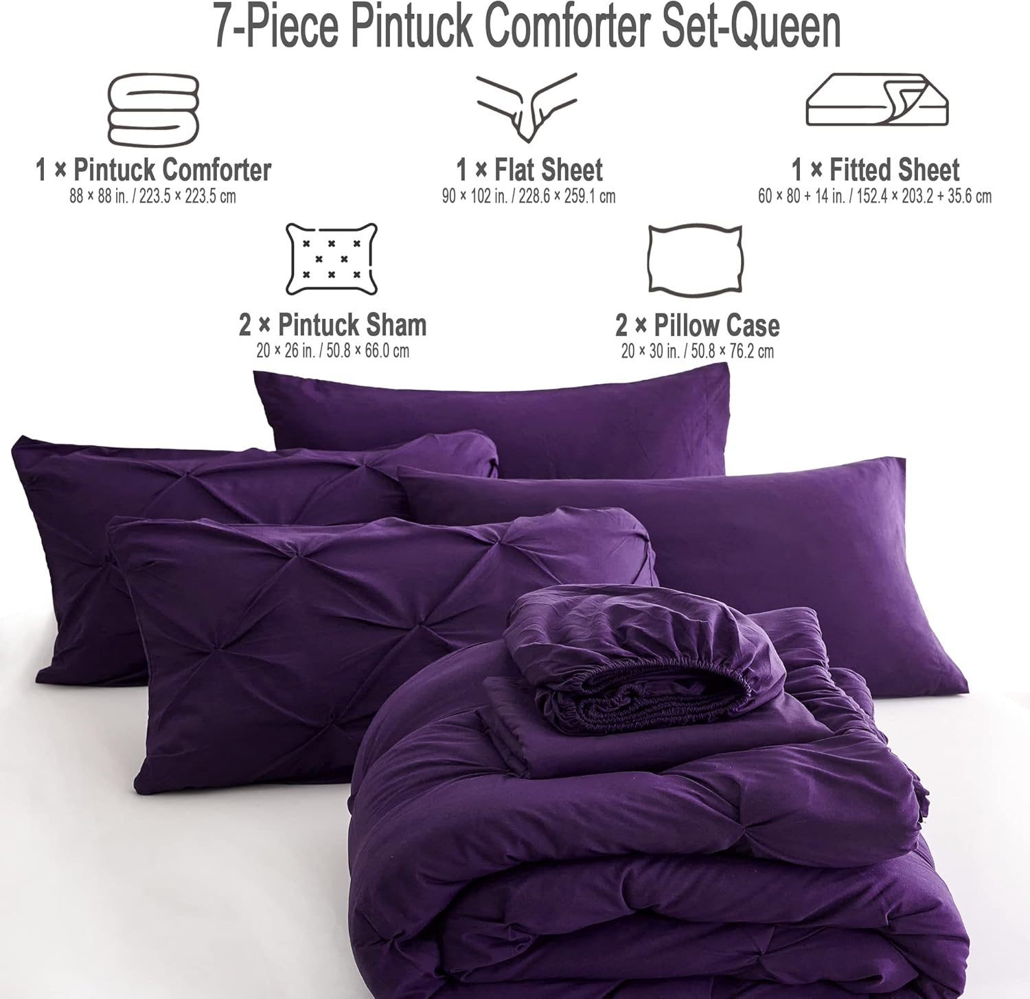 Ubauba 7pc Purple Comforter Set Queen Size with Sheets, Pintuck 7 Piece Bedding Comforters Bed in a Bag for All Season, Pinched Pleat Bed Set with Comforter (Purple,Queen) - Image 6