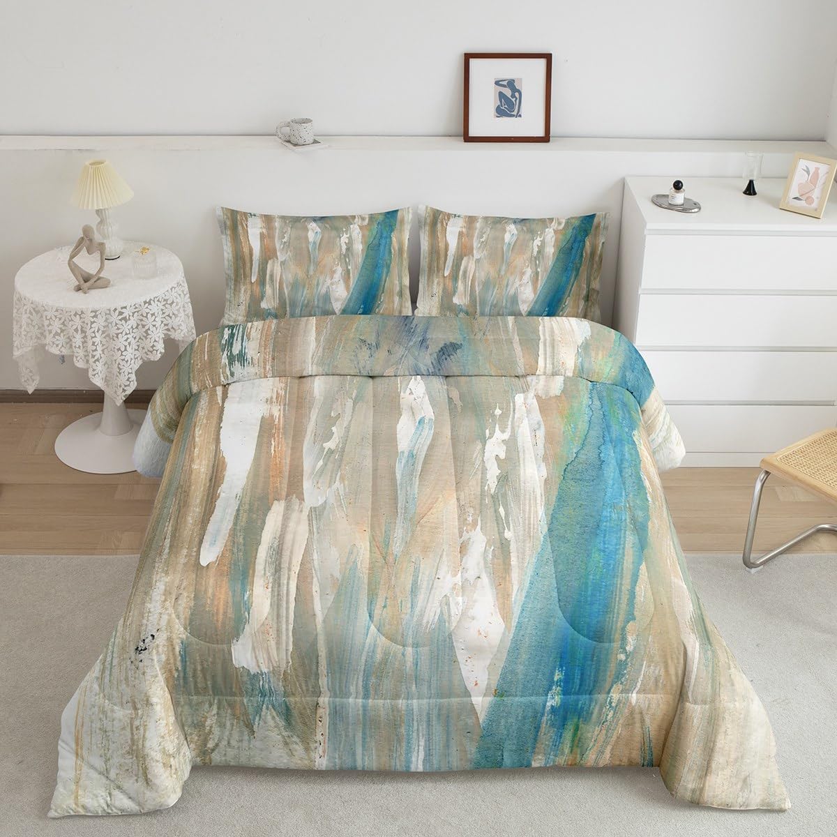 Erosebridal Black Grey Gold Comforter Set Queen Brush Strokes Oil Painting Bedding Set, Gradient Abstract Vintage Bedding Comforter Sets Ombre Graffiti Duvet Set, Contemporary Modern Quilted Comforter - Image 42