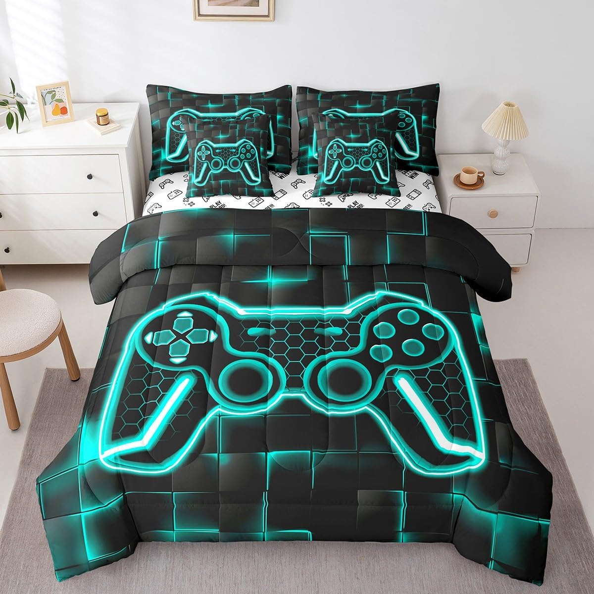 Feelyou Gamer Bedding Set Gamepad Comforter Set with Sheets 7 Piece for Boys Gaming Gifts Bed in a Bag Full Game Controller Red Bed Set with Comforter,Sheets,Cushion Covers - Image 36