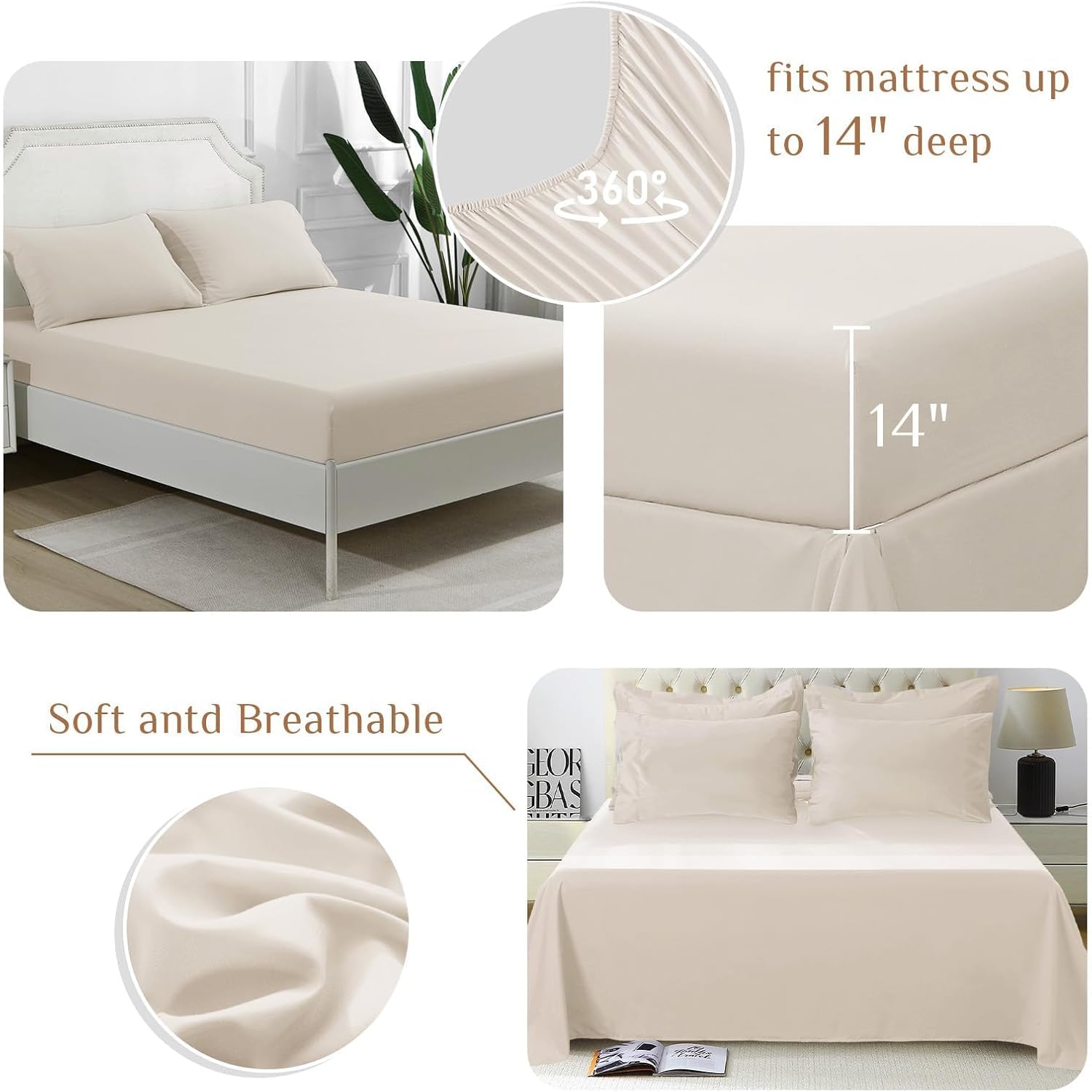 JOLLYVOGUE Queen Comforter Set, Ultra-Soft Bed in a Bag Queen Size 7 Pieces, Oeko-TEX Certified Bedding Set with Down Alternative Comforter, Sheets, Pillowcases & Shams, Beige - Image 4