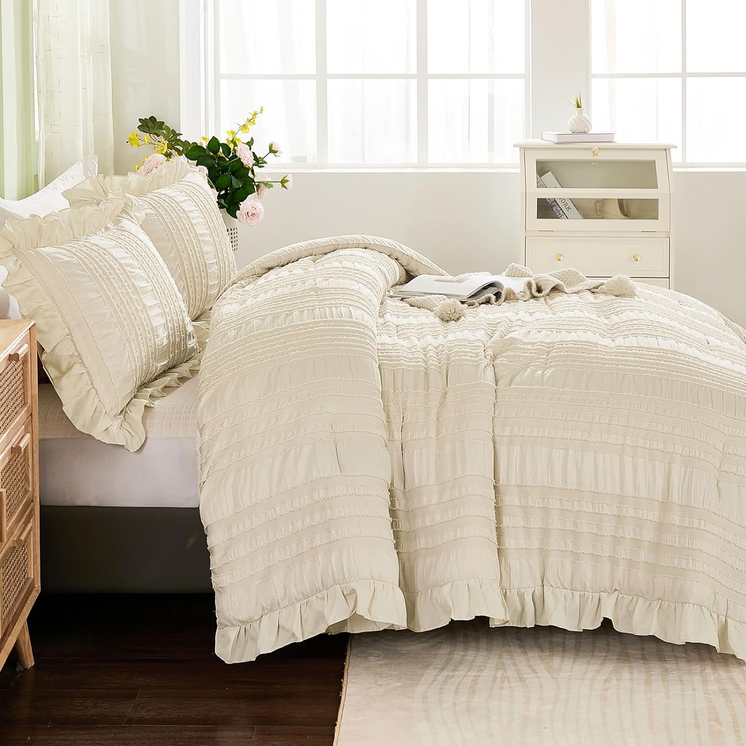 WONGS BEDDING Beige Ruffle Queen Comforter,Boho Shabby Chic Bedding for Queen Bed,Soft Seersucker Farmhouse Bedding Set with 1 Ruffled Comforter,2 Tufted Pillowcases 90"×90" - Image 3
