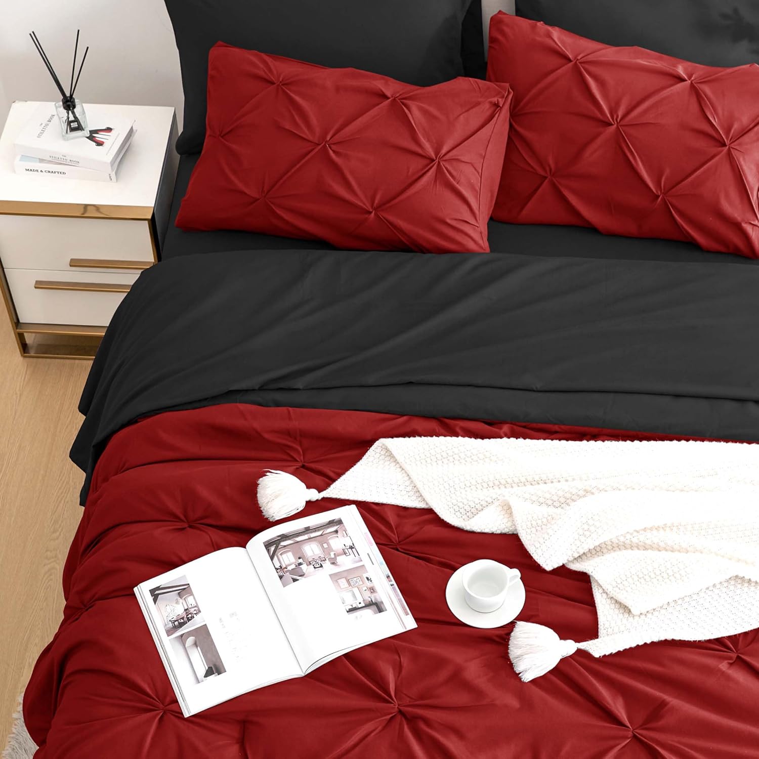 Ubauba 7pc Queen Size Comforter Set with Sheets, Pintuck 7 Piece Bedding Comforters Bed in a Bag for All Season, Pinched Pleat Bed Set with Comforter (Red and Black,Queen) - Image 2