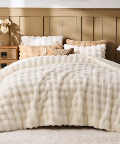 Lotus Karen Faux Fur Queen Comforter Set – Cream White Fluffy Comforter Queen Size, Big Bubble Faux Rabbit Fur Bedding Comforter Sets, Warm Cozy Fuzzy Bed Set 3 Pieces, 1 Comforter and 2 Pillowcases