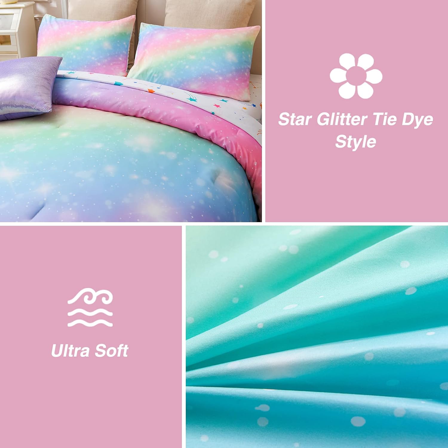 A Nice Night 6Pcs Gradient Glitter Bedding Set for Girls Full Size, Colorful Rainbow Galaxy Comforter Set, Ultra Soft Bedding Sets, Pink - Image 5