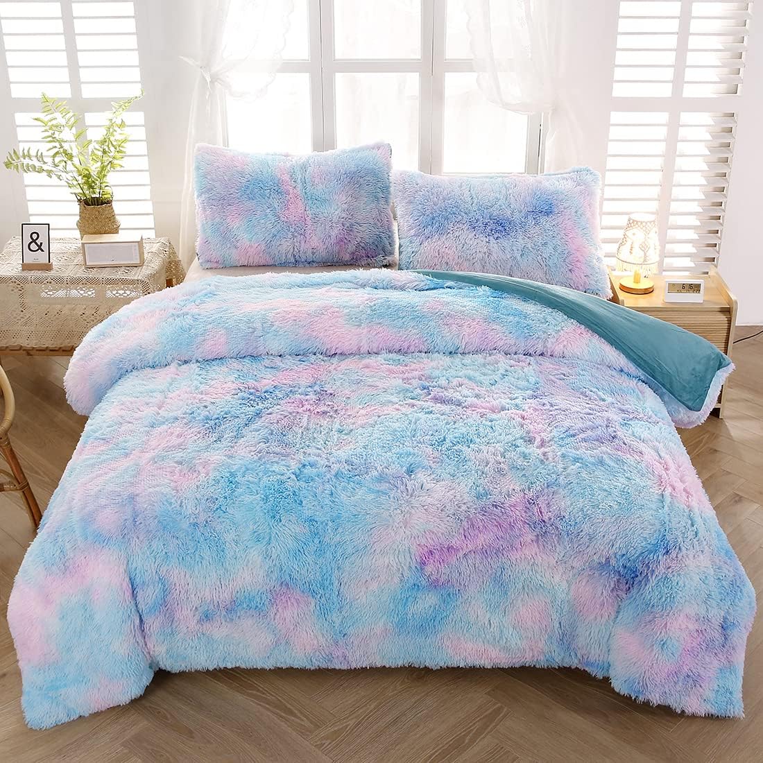 SUCSES Blue Purple Fluffy Twin Bedding Sets for Girls 3Pcs Faux Fur Plush Shaggy Kids Duvet Cover Set Twin Size Tie Dye Velvet Furry Comforter Cover Set - Image 7