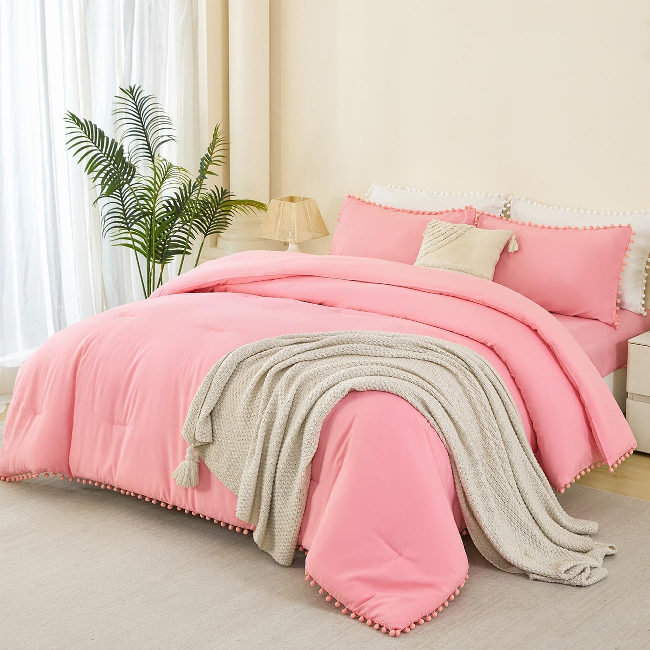 PERFEMET 5 Pcs Pink Pom Pom Comforter Twin Size Aesthetic Boho Pom Fringe Bedding Set with Sheet Ultra Soft Lightweight Farmhouse Bedding Quilt Set for Girls Kids(Pink, Twin) - Image 9