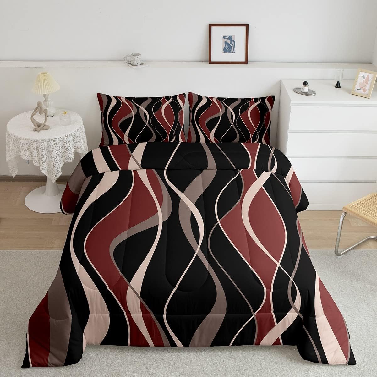 Erosebridal Black Grey Gold Comforter Set Queen Brush Strokes Oil Painting Bedding Set, Gradient Abstract Vintage Bedding Comforter Sets Ombre Graffiti Duvet Set, Contemporary Modern Quilted Comforter - Image 11