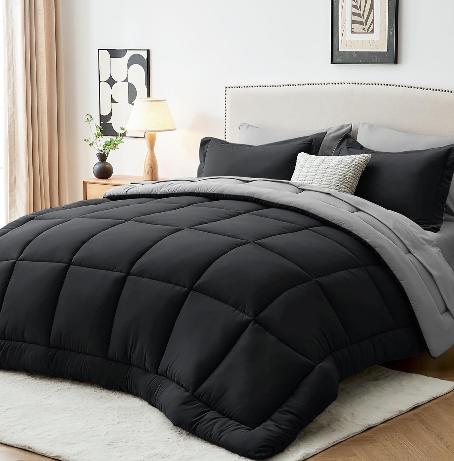 Sasttie Queen Comforter Set, 7 Pieces Bed in a Bag Queen, Complete Bedding Set Includes Grey Comforter, Flat Sheet, Fitted Sheet, Pillowcases and Pillow Shams, Dark Grey - Image 34