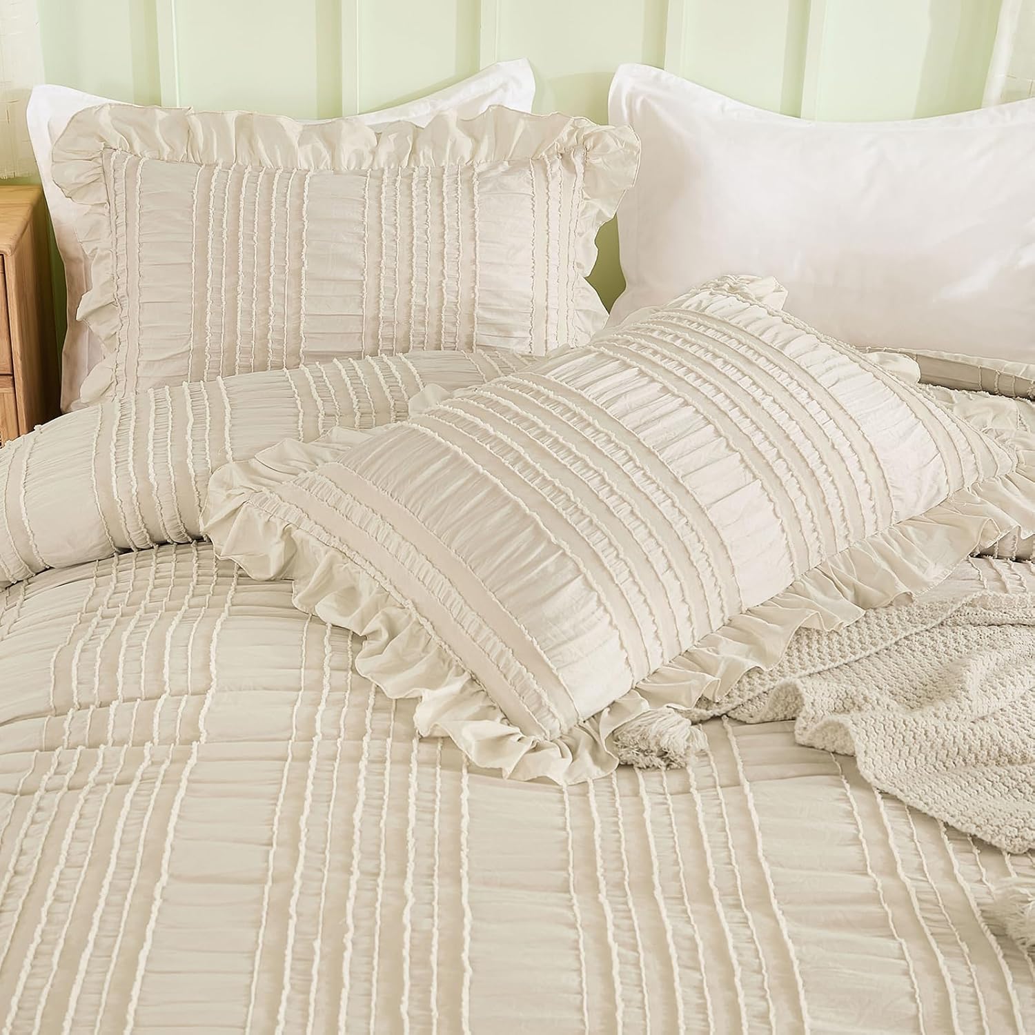 WONGS BEDDING Beige Ruffle Queen Comforter,Boho Shabby Chic Bedding for Queen Bed,Soft Seersucker Farmhouse Bedding Set with 1 Ruffled Comforter,2 Tufted Pillowcases 90"×90" - Image 6