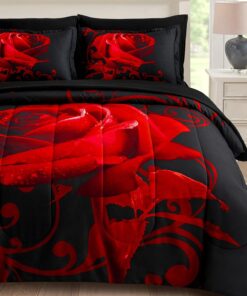 WONGS BEDDING Red Comforter Set Queen, Reversible Red Rose 7 Pieces Bed in a Bag, Lightweight Soft Microfiber Bedding Sets with Comforter, Flat Sheet, Fitted Sheet, Pillowcases & Shams
