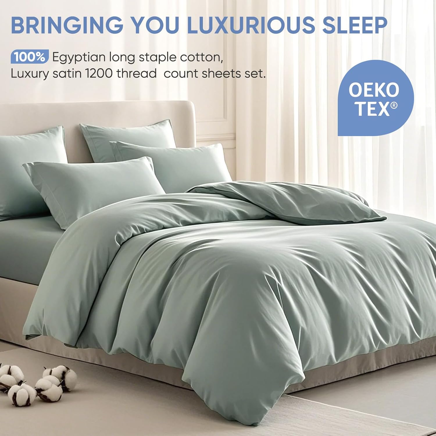 TWK 1200 TC 100% Egyptian Long-Staple Cotton Bedding Sheets Set, Luxury Hotel Style Deep Pocket with Elastic Reinforced Seams Sheet Set, Soft & Comfy Natural Sheets (Mineral, King) - Image 4