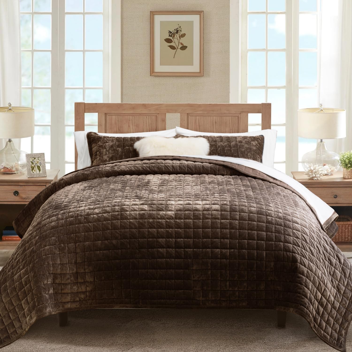 RECYCO Luxury Velvet Quilt Set King Size Bedding Sets, Ultra Soft Velvet Comforter Set, Lightweight Channel Box Stitch Oversized Bedspread Coverlet for All Season, with 2 Shams, Beige - Image 52