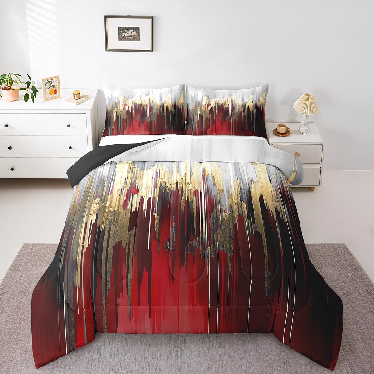 Erosebridal Black Grey Gold Comforter Set Queen Brush Strokes Oil Painting Bedding Set, Gradient Abstract Vintage Bedding Comforter Sets Ombre Graffiti Duvet Set, Contemporary Modern Quilted Comforter - Image 17