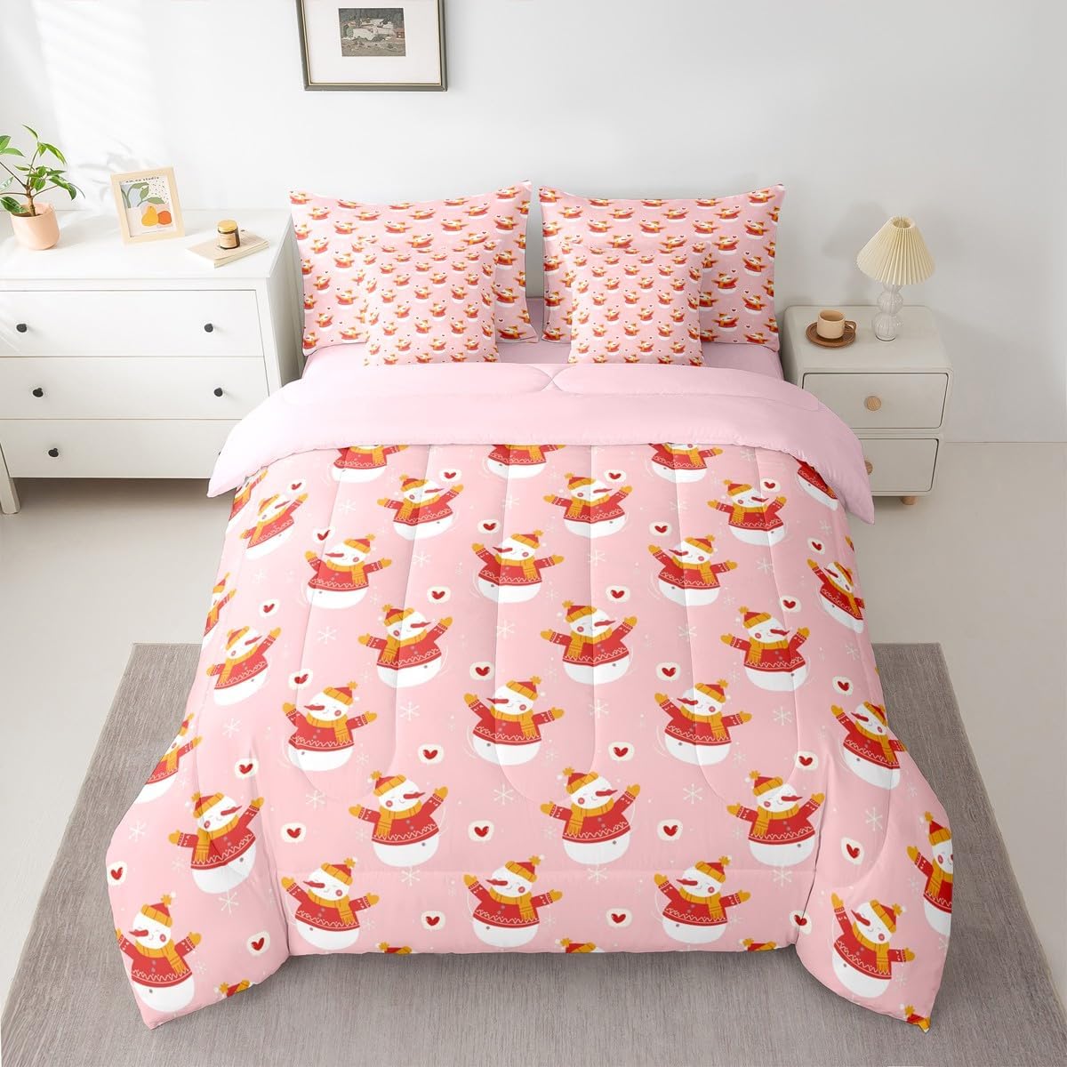 Pink Christmas 7 Piece Bedding Set Full Size Merry Christmas Snowman Bed in a Bag for Boys Girls Bedroom Decor Santa Claus Comforter Set with Sheets,Pillowcases & Cushion Cover Soft Xmas Tree Deer - Image 48