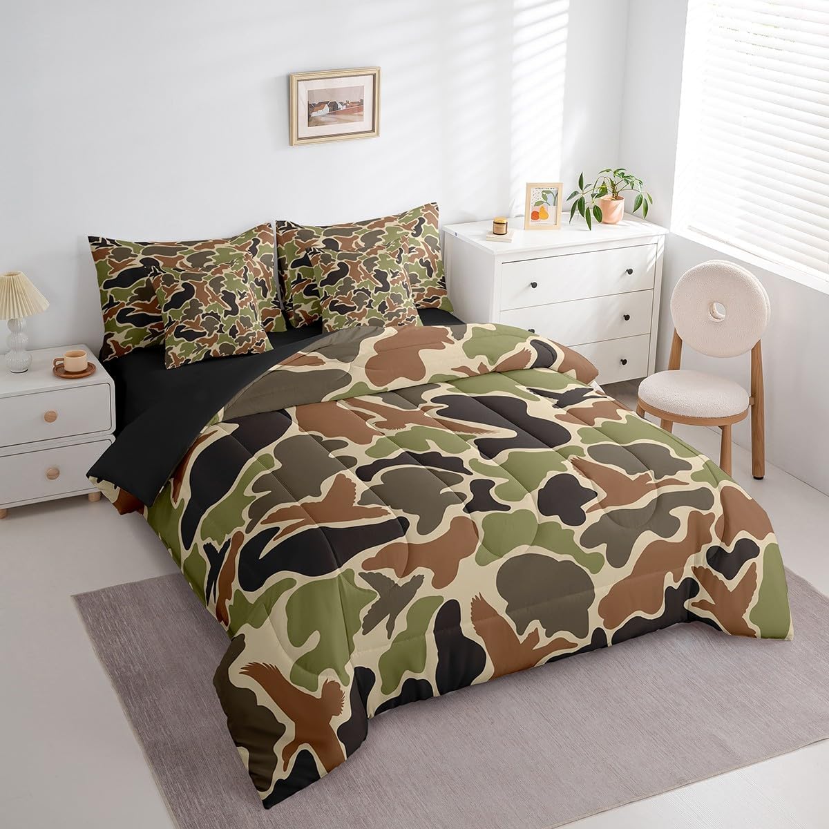 Feelyou Duck Hunter Green Camouflage Hunting 7 Pieces Bedding Set, Queen Size Black Brown All Season,Bed in a Bag with Comforter, Sheets, Pillowcases Camo Army Bed Set Breathable Wild Room Decor - Image 2