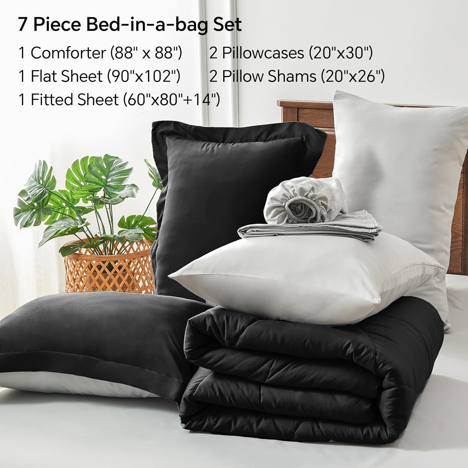 BEDELITE Queen Comforter Set 7 Pieces Bed in A Bag - Soft Microfiber Reversible Black Bed Set with Comforters, Sheets, Pillowcases & Shams, Cozy Luxury Bedding Sets for All Season - Image 5