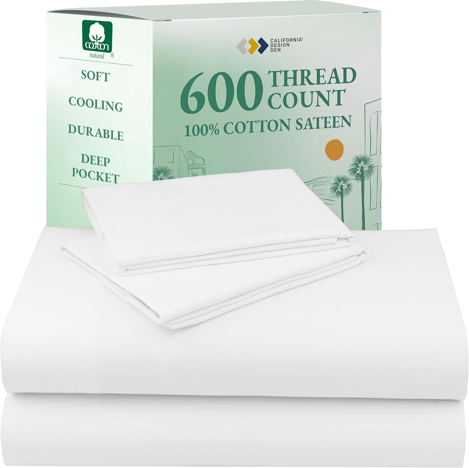 California Design Den Queen Sheet Set - Luxury 600 Thread Count Sateen, 100% Cotton Deep Pocket Queen Sheets with All Around Elastic, Snug Fit, Hotel Quality Bedding Set - White